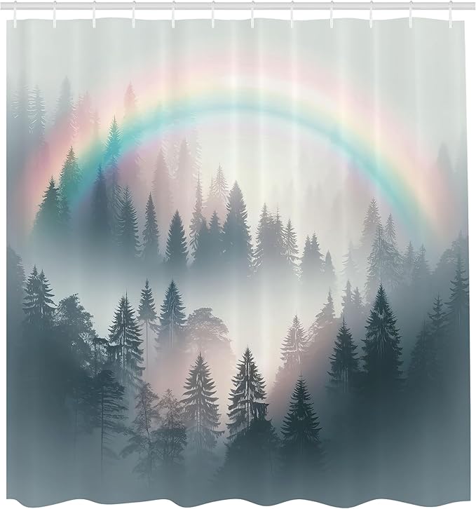 Ambesonne Grey Shower Curtain, Art Delicate Rainbow with Foggy Woods Scenery of Wild Nature Mountains Print, Cloth Fabric Bathroom Decor Set with Hooks, 69" W x 70" L, Multicolor Dark Teal