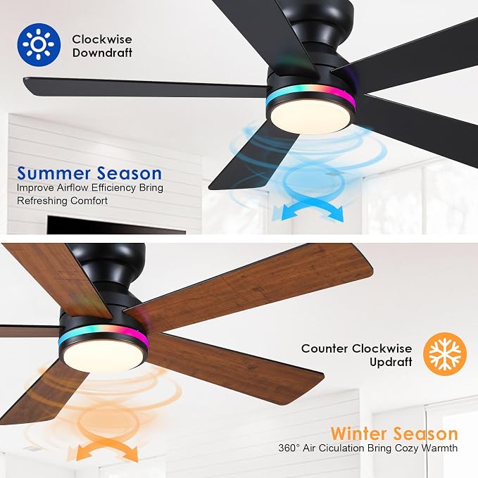 Brown RGB Ceiling Fans with Lights - 46" Flush Mount Ceiling Fan with Remote APP, RGB+3CCT Dimmable Led Light, Reversible 6 Wind Speeds&2H Timer, Low Profile Modern Fan Light Fixture for Bedroom Party