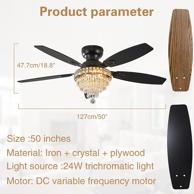 Crystal Ceiling Fan Fandelier with Lights-Ceiling Fans,50" Low Profile and Remote Control, Flush Mount, Reversible, Dimmable, Noiseless, Black Ceiling Fan for Bedroom