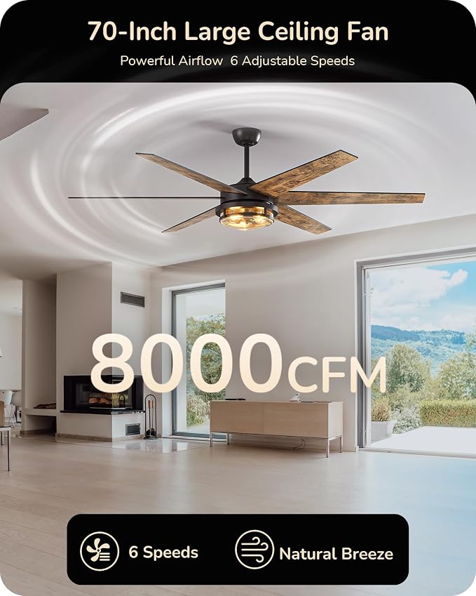 EDISHINE 70" Large Farmhouse Ceiling Fans with Lights and Remote,10%-100% Dimmable, Wood Blades, 8000CFM Indoor Black Ceiling Fan for Living Room Patio Office, 6 Speed Reversible Quiet DC Motor
