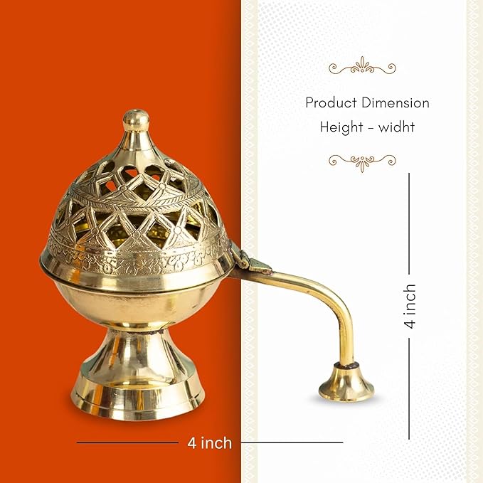 Brass Dhoop Dani with Handle for Puja | Traditional Brass Incense Burner with Dome Lid | Decorative Dhoop Holder for Temple, Home & Spiritual Use | (4x4)