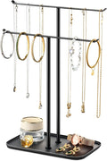 pickpiff Necklace Holder Jewelry Organizer Stand – 2‑Tier T‑Bar Jewelry Display Tree with Tray for Countertop Necklace Bracelet Earring Storage, Vanity Dresser Bathroom Sink, Black