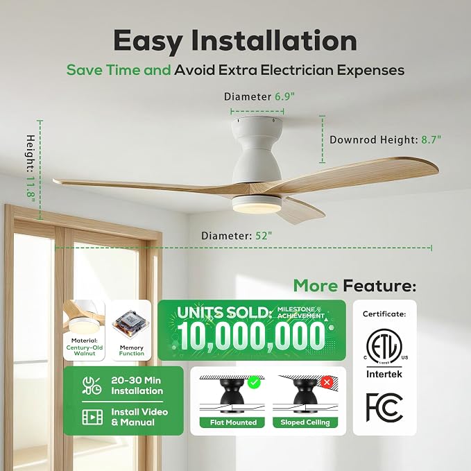 52 inch Smart Flush Mount Ceiling Fan with Lights,Outdoor Low Profile Wood Ceiling Fan with lights Works with App&Alexa/Gg Voice Control&Remote,Quiet DC Motor for Covered Patio Porch,Nature Wood