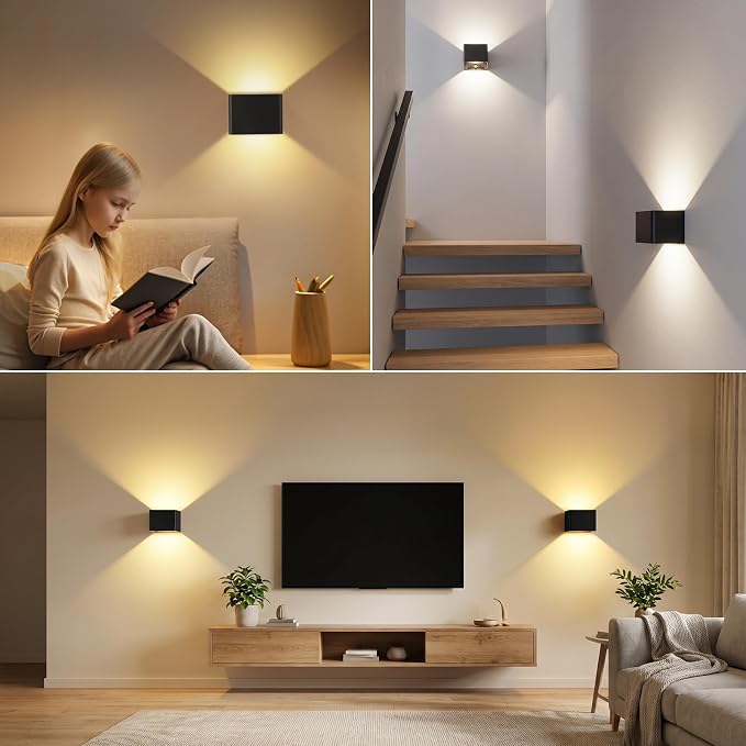 Rechargeable Motion Sensor Wall Light with Remote, 6000mAh Magnetic Battery Operated Wall Sconces, 3 Color Temperatures & Dimmable, Black LED Up Down Wireless Wall Lamp for Bedroom Living Room, 2-Pack