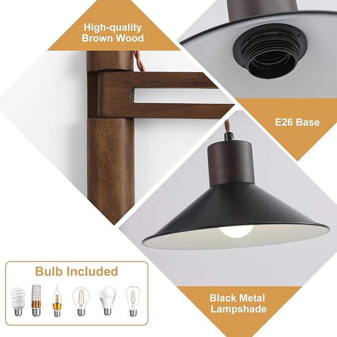 Wood Plug in Wall Sconces, Swing Arm Wall Lamp with Dimmable On Off Switch, 8.6 inch Vintage Wall Mounted Light Fixture with Cord for Bedroom Nightstand Bedside Reading Lamp - Bulb Included