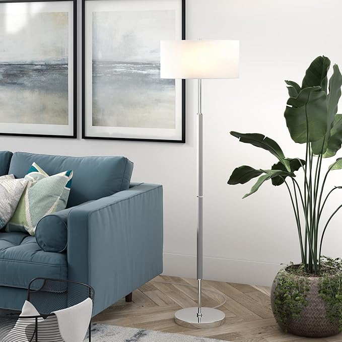 Henn&Hart 2-Light Floor Lamp with Fabric Shade in Cool Gray/Polished Nickel/White, Floor Lamp for Home Office, Bedroom, Living Room , 61" Tall