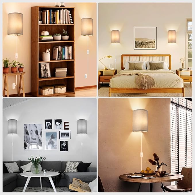 Wall Sconces Set of 2, Plug in Wall Sconces with On/Off Switch, 3-Color Selectable (3000K/4000K/6000K), Fabric Linen Lamp Shades, No Wiring Required, Ideal for Bedroom, Living Room, and Porch (Grey)