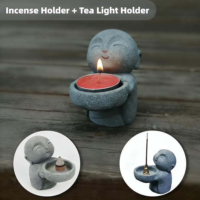 Cute Little Monk Statue Tea Light Holder, Sandstone Zen Buddhist Figurine for Candle Holder, Incense Burner, Meditation Decor, Feng Shui Home Accent, Consecrated with Amulet - 3.9 inch
