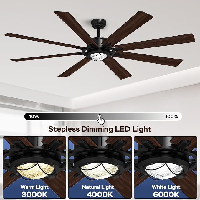 TALOYA 72 Inch Ceiling Fans with Lights and Remote Flush Mount Low Profile for Living Room Farmhouse Bedroom Patio Outdoor Dining Room,DC Motor,Reversible,Buzzer Mute,Dimmable Led Light,Rustic,Black