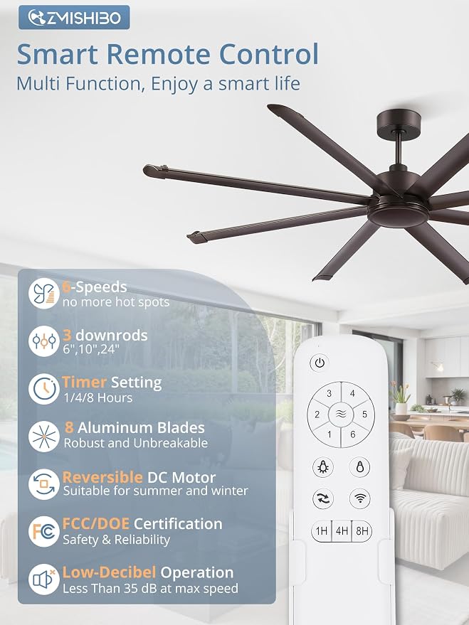 ZMISHIBO 84" Large Industrial Ceiling Fans No light with Aluminum 8 Blades, Commercial Ceiling Fan without Light,Quiet DC Motor, 6 Speeds, Indoor Outdoor Ceiling Fan for Patio,Garage,Shop, Oil Bronze