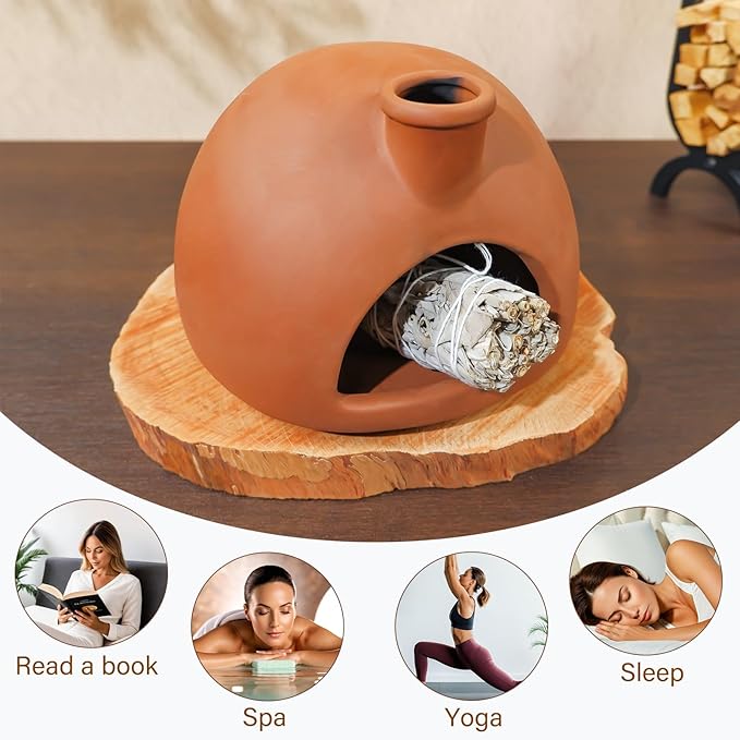 MOUGIGI Large Handmade Terracotta Palo Santo Holder - Chiminea Incense Dish with Chimney, Cone Burner for Sage, Ideal for Meditation, Zen, Yoga, Spa | Aromatherapy, Mindfulness, Altar Decor Gift