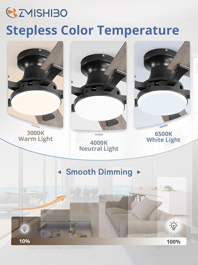 ZMISHIBO 52 Inch Ceiling Fan with Light, App&Remote Control, Flush Mount Low Profile, Dimmable 20W LED Light, Quiet Reversible Motor for Bedroom, Living Room, Apartment, Black