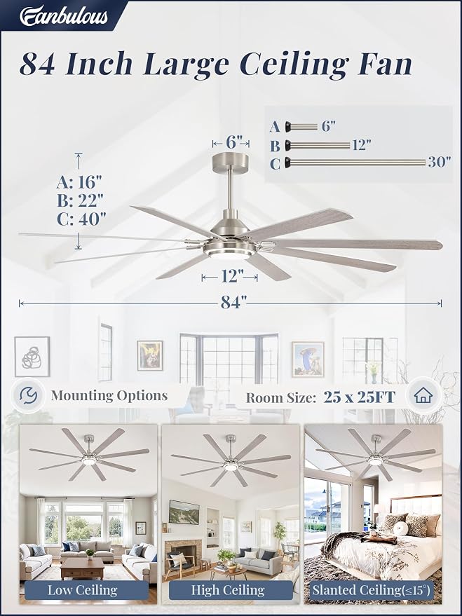 Fanbulous 84 Inch Ceiling Fans with Lights and Remote, Brushed Nickel Ceiling Fan with 8 Dual-Color Blades, Indoor/Outdoor Large Ceiling Fans, Reversible DC Motor, 6-Speed, 3CCT for Living Porch Patio