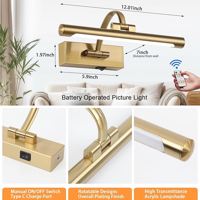 Tassuowell Rechargeable Picture Light with Remote Control,12 Inch Brass Finish Adjustable Wireless Art Lighting Fixture,Painting Lights with Timer,3 Color Temperature and Dimmable