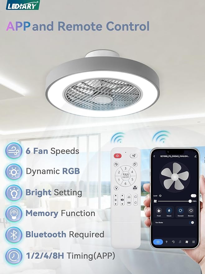 LEDIARY 20 Inch Low Profile Ceiling Fan with Light, Led Bladeless Ceiling Fan, Remote Control Enclosed Flush Mount Ceiling Fans with Timming, 3000-6000K, 6 Wind Speed, 3000LM, 57W-Grey RGB