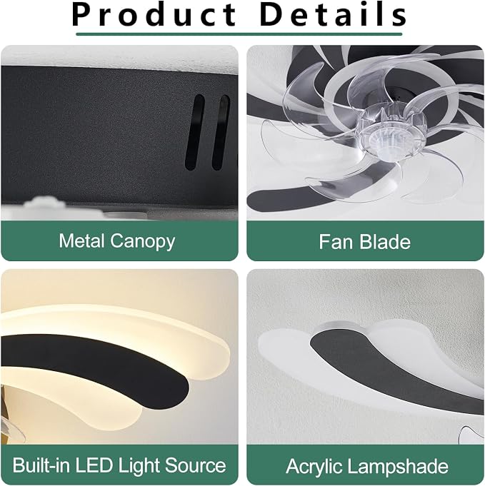Low Profile Ceiling Fan with Remote &APP Control, Quiet Motor & Dimmable LED Light, Black Flush Mount Ceiling Fan for Bedroom (6-Speed Timer)