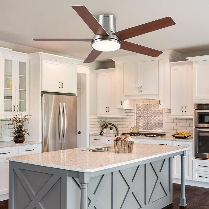 52 Inch Pro Flush Mount Ceiling Fans with Lights and Remote | 3CCT Dimmable LED, 6 Speed, Quiet DC Motor, 3-Level Timer Function, Forward/Reserve For all Seasons, Indoor/Covered Outdoor