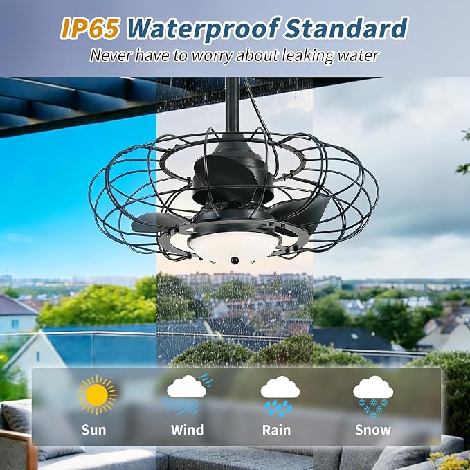 AHAWILL Outdoor Ceiling Fan with Light,20in Gazebo Fan with Remote and APP, 6 Speed,Dimmable 3 Color,Waterproof Cage Fan for Patio,Porch, Pergola,Canopy (dark black)