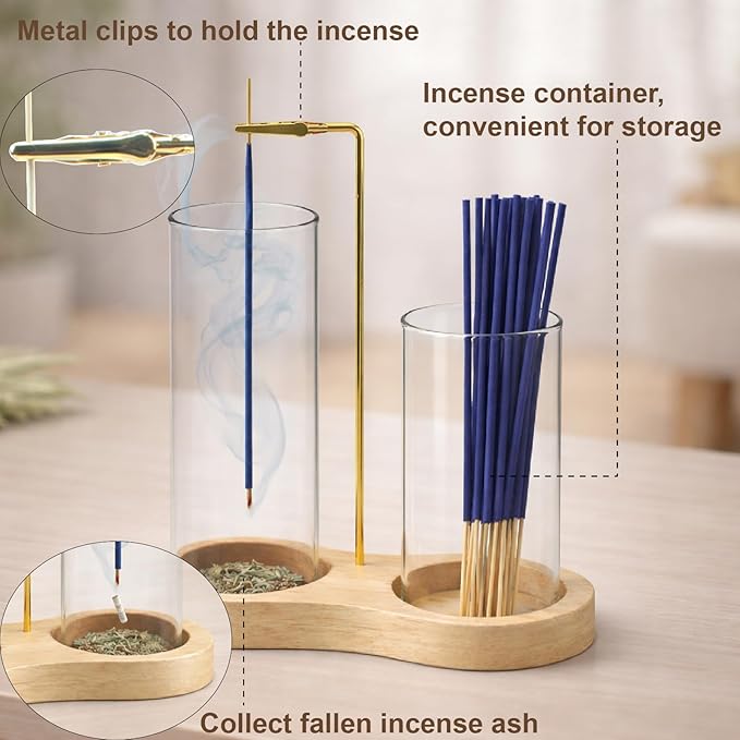 2-in-1 Incense Holder with Glass Ash Catcher & Stick Storage, Wooden Incense Burner for Relaxation, Stress Relief, Mess-Free Home Use, Self-Care, Meditation, Yoga, Bedroom & Living Room (Natural)