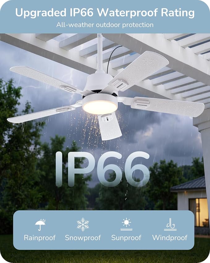 EDISHINE 42" Outdoor Ceiling Fan with Light, IP66 Waterproof Gazebo Hanging Fan, 4800 CFM, 3CCT, APP/Remote Control, 5 Wood Blade, 6-Speed Winds, Plug in Ceiling Fans for Patios Porch Pergola, White