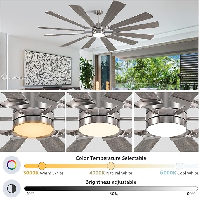 62'' Farmhouse Ceiling Fan with Light,12 Dual-Finish Wind Mill Blades, 3 Downrods, 6-Speed Reversible DC Motor, High CFM, 3CCT, Indoor Outdoor Modern Industrial Fans for Patio Commercial Shop Garage