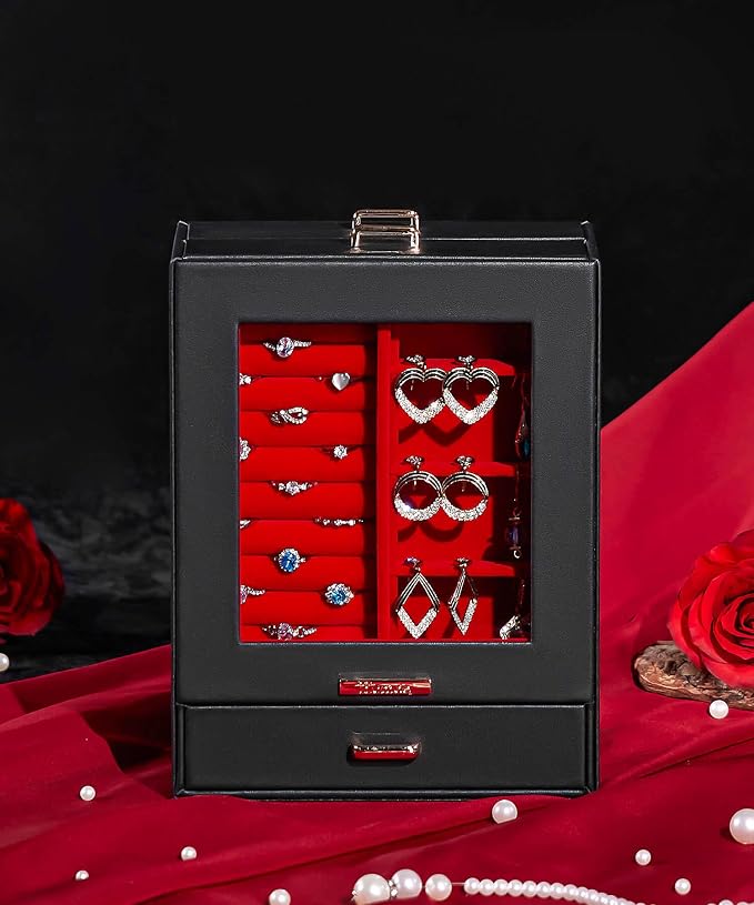 Homde Display Jewelry Box for Girls: Starter Organizer with Clear Window | Vertical Drawers for Earrings Rings Necklaces - Compact Footprint Fits Small Vanities - Birthday&Graduation Gift for Teens