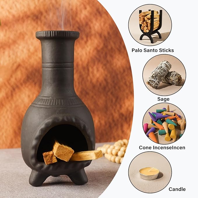 MOUGIGI Handcrafted Palo Santo Burner–Mexican Style Clay Incense Dish for Aromatherapy and Stress Relief–Compatible with Wood Sticks, Sage,Cone Incense–Mini Home Altar with Unique Chimney Design