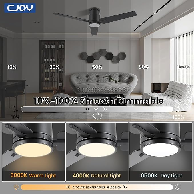 CJOY Ceiling Fan with Lights, 52 Inch Low Profile Ceiling Fans with Light and Remote, Reversible DC, Flush Mount, 3CCT，Dimmable, Modern Indoor/Outdoor Design for Bedroom, Living Room, Patio, Kitchen