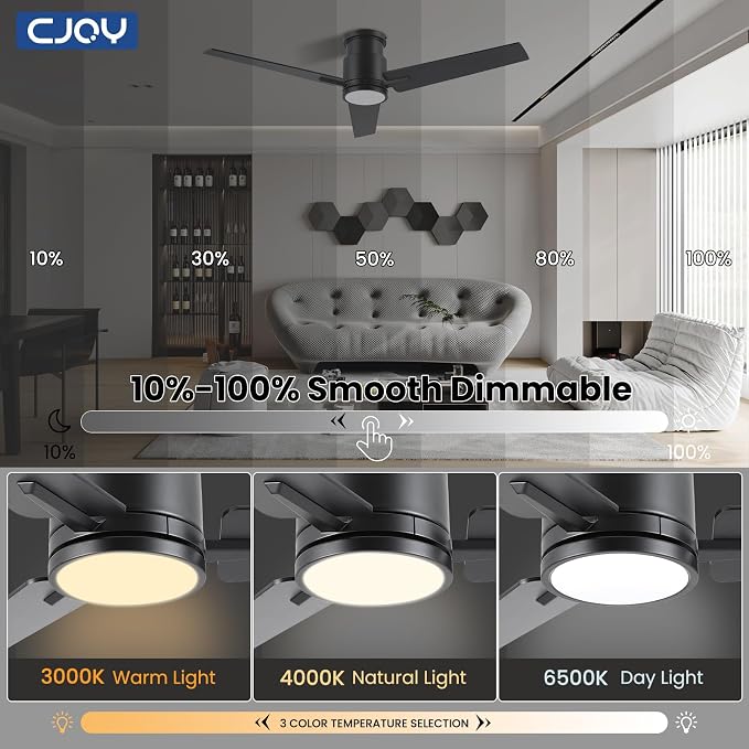 CJOY Ceiling Fan with Lights, 48 Inch Low Profile Ceiling Fans with Light and Remote, Reversible DC, Flush Mount, 3CCT，Dimmable, Modern Indoor/Outdoor Design for Bedroom, Living Room, Patio, Kitchen