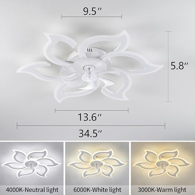 35" White Flower Ceiling Fan with Light Remote Control, 3 Light Color 6 Speeds Flush Mount Low Profile Ceiling Fan for Bedroom Kitchen