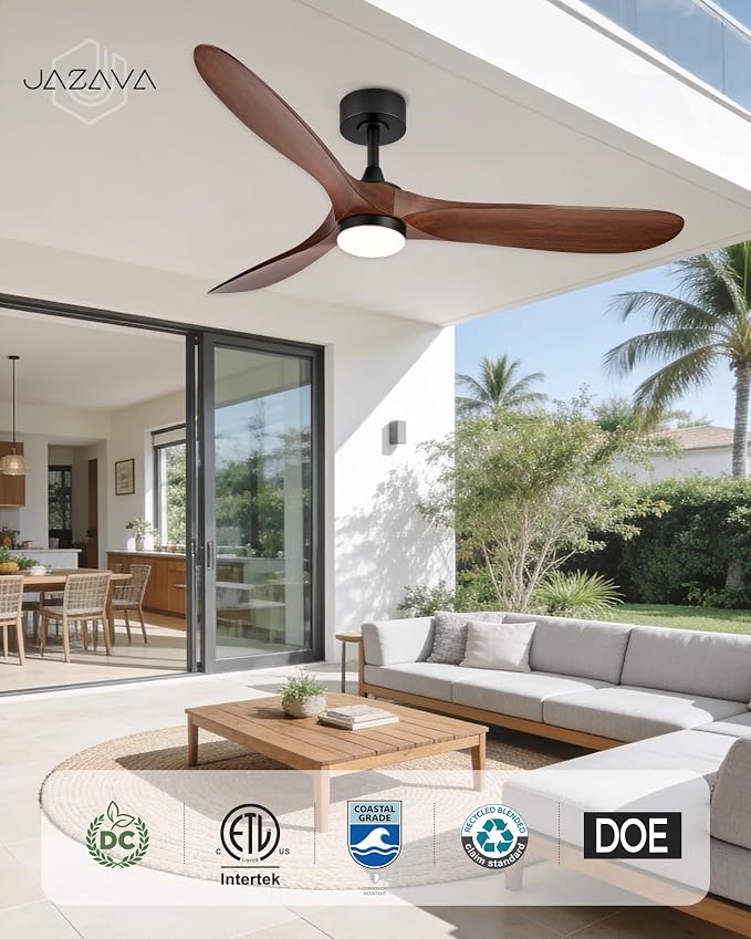 60" Ceiling Fan with Light, Damp Rated for Covered Outdoor Patio, Wood-Grain ABS Blades, Quiet DC Motor, 3CCT Dimmable LED, Remote Control, Modern Large Ceiling Fan, ZCCF08WD-60
