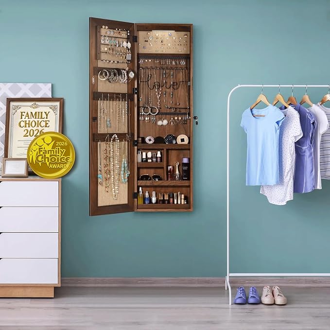 SRIWATANA Dark Brown Jewelry Cabinet with Full Length Mirror, Solid Wood | Wall & Door Mounted Wood Jewelry Armoire; Space-Saving Organizer with Lockable Door & Large Storage Capacity for Makeup