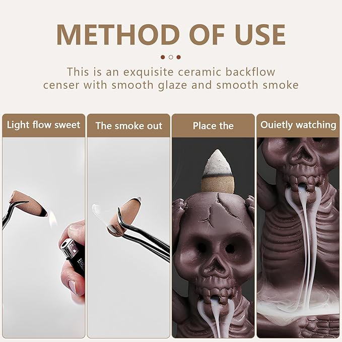 Comeon Skull Decor Incense Stick Holder Reverse Flow Censer Incense Waterfall Burner + Backflow Incense Cones, Incense Sticks, Tweezer, Mat (Don't Listen)