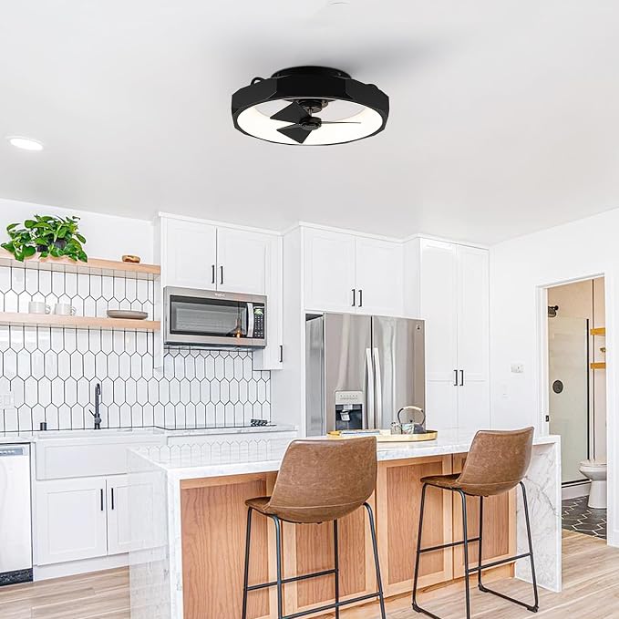 Low Profile Black Ceiling Fans with Lights and Remote - 20" Flush Mount Ceiling Fan Bedroom, 3000-6000K Dimmable Fandelier LED Fan Light, 6 Wind Speeds, Modern Black Fandelier