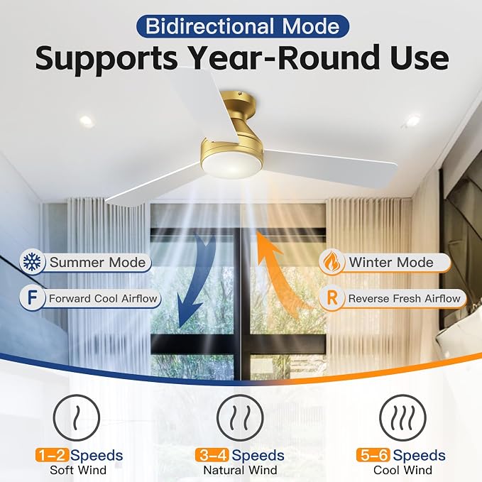 Ceiling Fans with Lights, 42 Inch Ceiling Fan with Light And Remote, 3CCT Flush Moun Low Profile Ceiling Fans, 6 Speed Noiseless LED Ceiling Fan, Advanced Gold Ceilings Fan for Bedroom Living Room