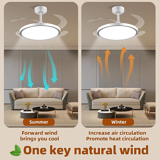 BAYSQUIRREL Slim Retractable Ceiling Fan with Lights and Remote/APP Control, 6 Speed Dimmable Reversible Memory, 42 Inch Modern Silent Smart Fan for Bedroom Living Room Dinning Room