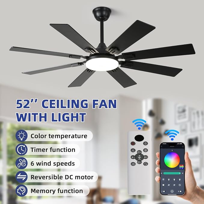 52" Ceiling Fans with Lights and Remote, Black Modern Ceiling Fan with 8 Dual Finish Blades,Quiet Reversible Motor，Farmhouse Ceiling Fan with RGB Lights for Bedroom,Living Room,Patios