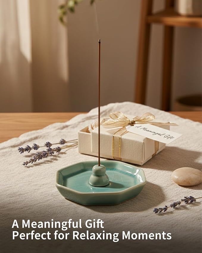 Incense Holder for Sticks, Incense Burner, Ceramic Crackle Glaze Green Incense Holder, Incense Stick Holder with Ash Catcher, ANTIS'S HOME