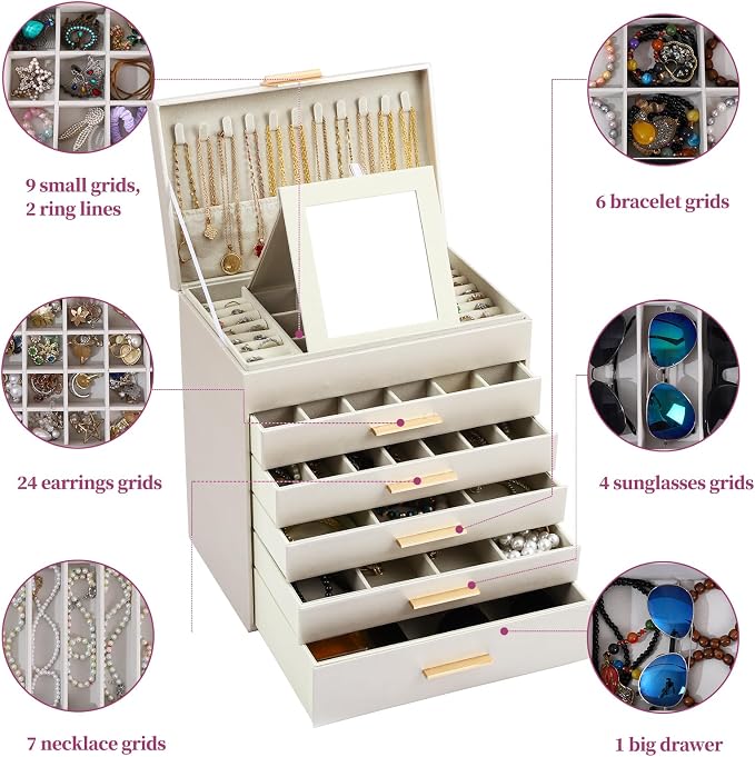 BOOVO Jewelry Boxes for Women, White and Black 6 Layer Large Jewelry Box for Necklace, Bracelet, Earrings, Rings Storage, Jewelry holder Organizer for Girls Gift (Champagne, 6 layer)