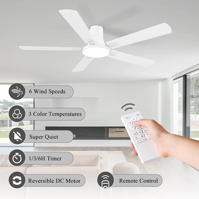 SNJ 60 Inch White Ceiling Fans with Lights and Remote,Flush Mount Low Profile 5 Blades Ceiling Fan,Dimmable Quiet Reversible DC Motor for,Living Room,Bedroom and Patio