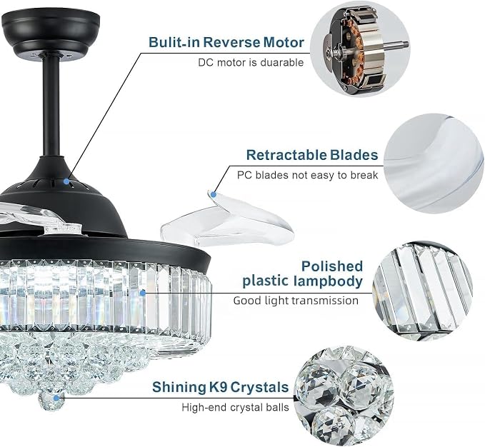 42'' Fandelier Ceiling Fans with Light, Chandelier Ceiling Fan, Retractable Ceiling Fan for Bedroom, Living Room, 3 Color Change, LED Dimmable, 6 Speeds, Reversible DC Motor- Black