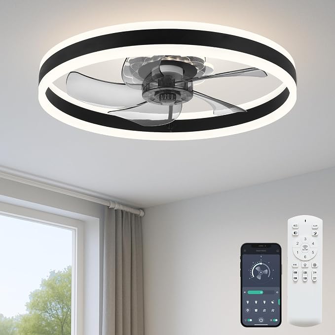 FSZDORJ 20'' Ceiling Fan with Light and Remote, Low Profile Ceiling Fan with Light, Dimmable Flush Mount Ceiling Fan Light, 6 Speeds Fan, App&Remote Control, Fandelier Quiet Fan for Bedroom F105 Black