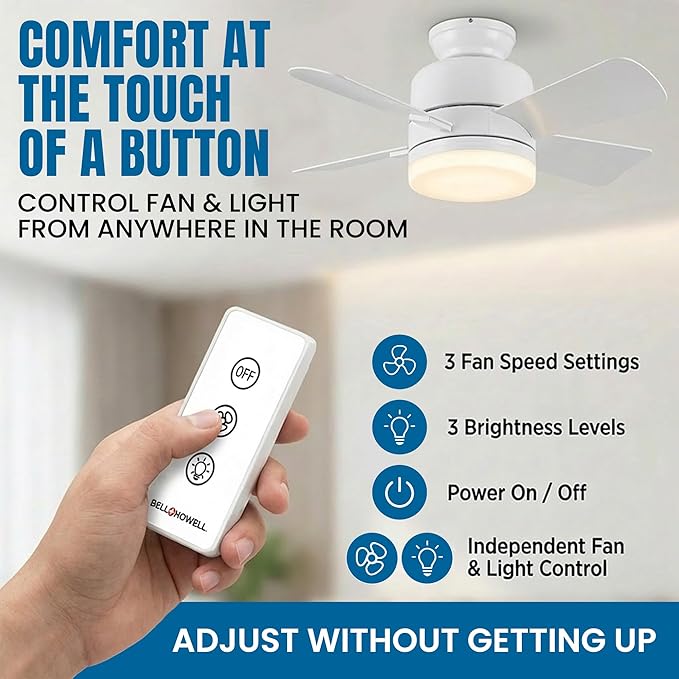Bell+Howell Socket Breeze 15.4" Socket Fan Light with Remote Control | 1000 Lumens, Portable, Easy to Install Ceiling Fan Replacement for Bedroom, Kitchen, Living Room