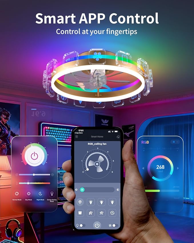 RGB Ceiling Fan with Lights, low profile ceiling fans with lights and remote, Flush Mount LED Fan Light, Modern Bladeless Fandelier for Bedroom Works with APP, 16IN Gold