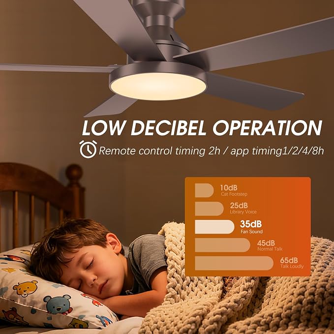 Ceiling Fans with Lights, 46" Low Profile Ceiling Fan with Light, Remote/App Control, Flush Mount Ceiling Fan for Bedroom, Indoor/Outdoor (Brown)