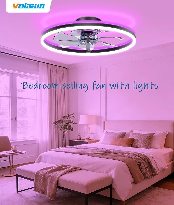 VOLISUN RGB Ceiling Fan with Lights and Remote, 23.6in Low Profile Ceiling Fan Flush Mount, 3000K-6500K Dimmable Fandelier LED Fan Light, Black Bladeless Ceilings Fans for Bedroom