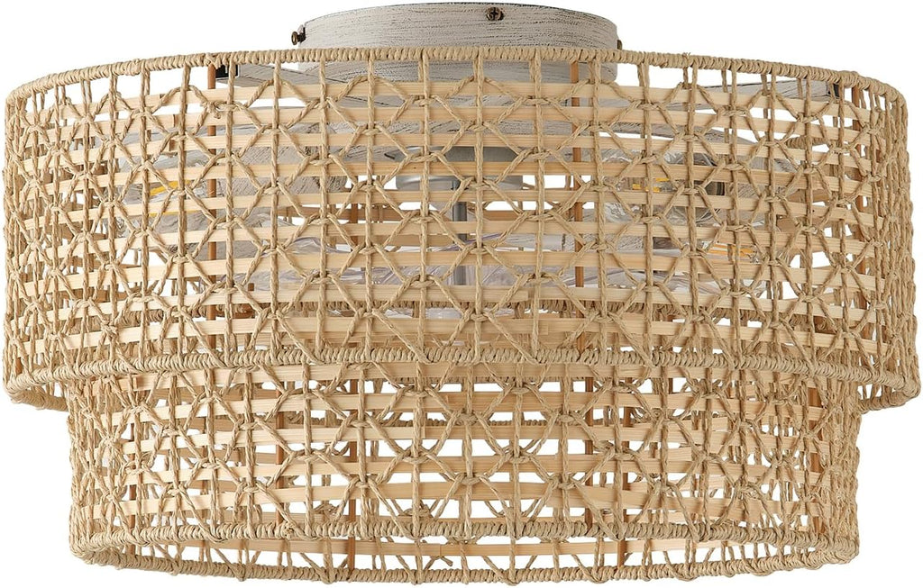 Flush Mount Ceiling Fan with Lights Low Profile, 20" Rattan Boho Ceiling Fan with Light Remote Control, Bladeless Caged with 6 Speeds for Bedroom, Living Room, Nursery