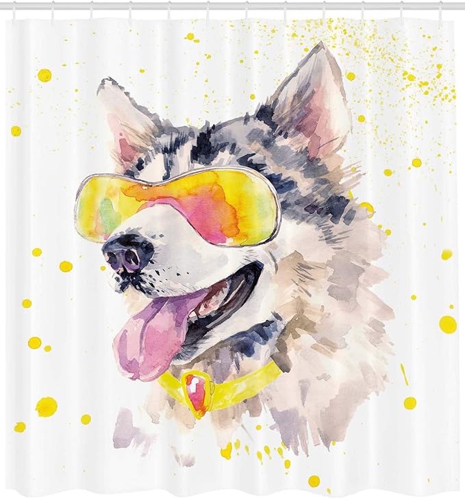 Ambesonne Animal Shower Curtain, Funny Husky Dog with Sunglasses Humorous Watercolor Cool Puppy Picture, Cloth Fabric Bathroom Decor Set with Hooks, 69" W x 84" L, Yellow Beige