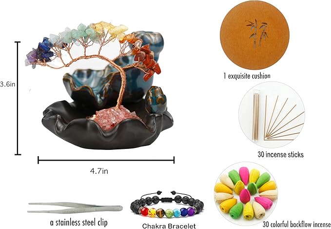 Dreamgirnh Chakras Backflow Incense Burner, Crystal Tree Incense Waterfall Fountain, Cone Incense Holde, Living Room Shelf Aesthetic Decor