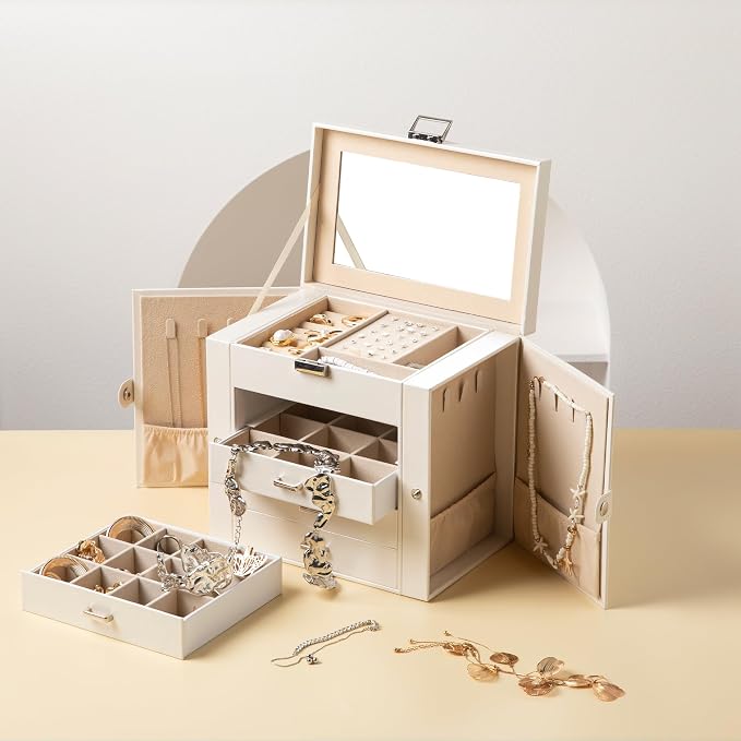 Frebeauty 5-Layer Jewelry Box for Women,Jewelry Organizer with 4 Drawers | Faux Leather,Built-in Mirror,Spacious Jewelry Storage,16 Necklace Hooks,Organizing by Category for Rings Earrings Bracelet